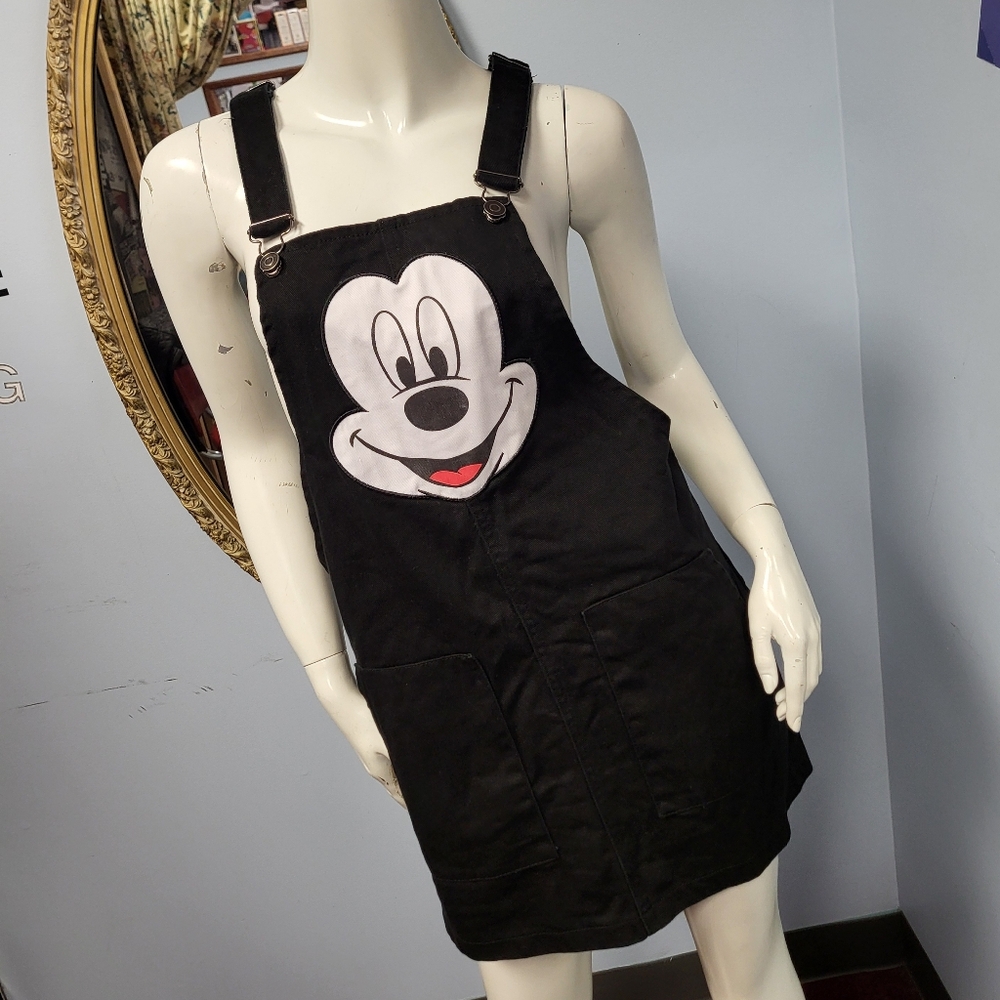 Mickey Mouse Pinafore Dress black denim overalls skirt y2k M Disney